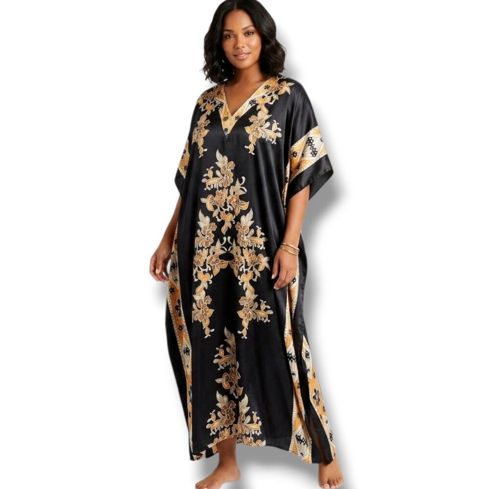 Goddess by Winlar Black & Gold Floral Satin Caftan Gown – One Size
